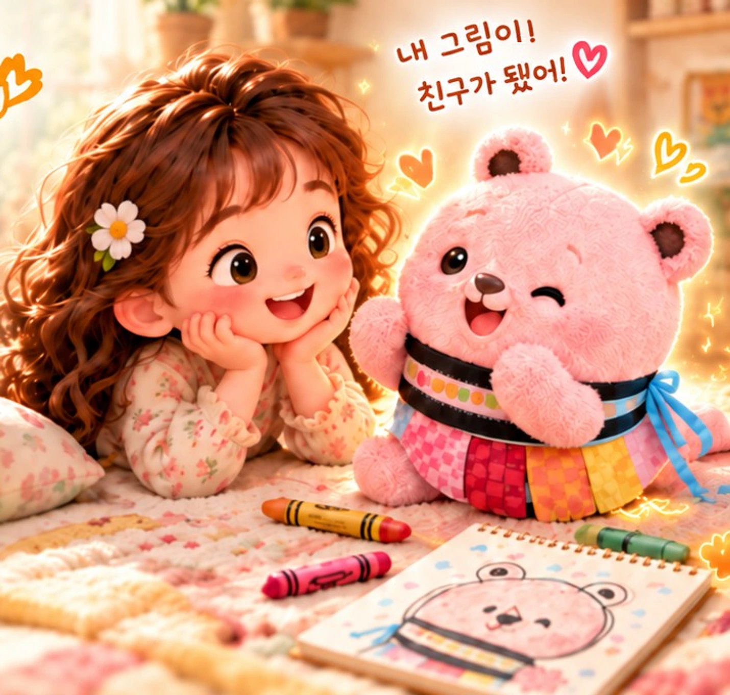아이가 자신의 그림에서 태어난 분홍 곰 친구를 바라보고 있어요. 곰 옆에 '내 그림이! 친구가 됐어!'라고 적혀 있어요.